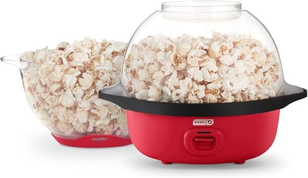 DASH SmartStore™ Stirring Popcorn Maker, 3QT Hot Oil Electric Popcorn Machine with Clear Bowl, 12 Cups - Red