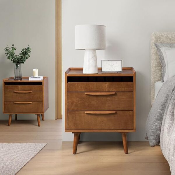 HULALA HOME Nightstand with Charging Station, Mid-Century Modern 2 Drawer and Open Shelf Bedside Tables