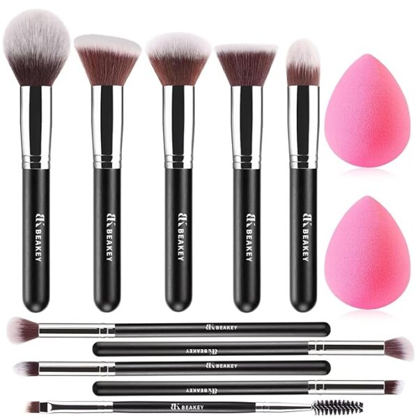 BEAKEY Makeup Brushes Set, Professional Foundation Eyeshadow Concealer Blush Powder Bronzer Applicator, 2 Blender Sponge with Beauty Paper Case