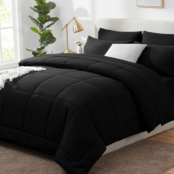 CozyLux King Size Comforter Set 7 Pieces Bed in a Bag Black Comforter King Bed Set Bedding Sets with All Season Stitch King Quilted Comforter, Flat Sheet, Fitted Sheet, Pillowcases