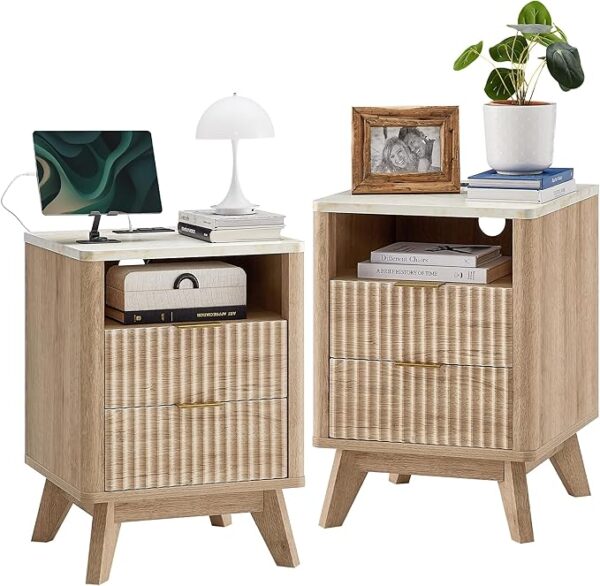 T4TREAM Fluted Nightstand Set of 2 with Charging Station, 18" Modern Side Table with Faux Marble Top