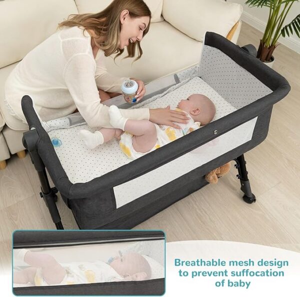 Baby Bassinet, Bedside Bassinet for Baby, 3 in 1 Bassinet Bedside Sleeper with Wheels, Mosquito Net, Adjustable Easy Folding Portable Baby Bed for Infant Newborn (Dark Grey)