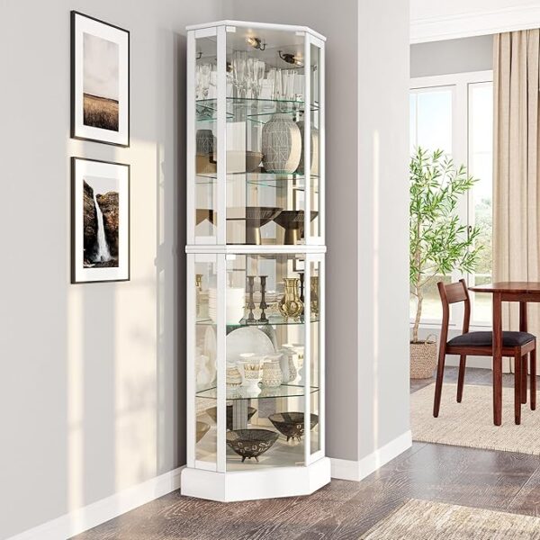 BELLEZE Lighted 3-Side Glass Display Curio Cabinet with Tempered Glass Doors and Shelves, Curved Wood Corner Cabinet with Bulb, Corner Curio Storage Rack for Bar and Liquor Storage - Ashfield (White)