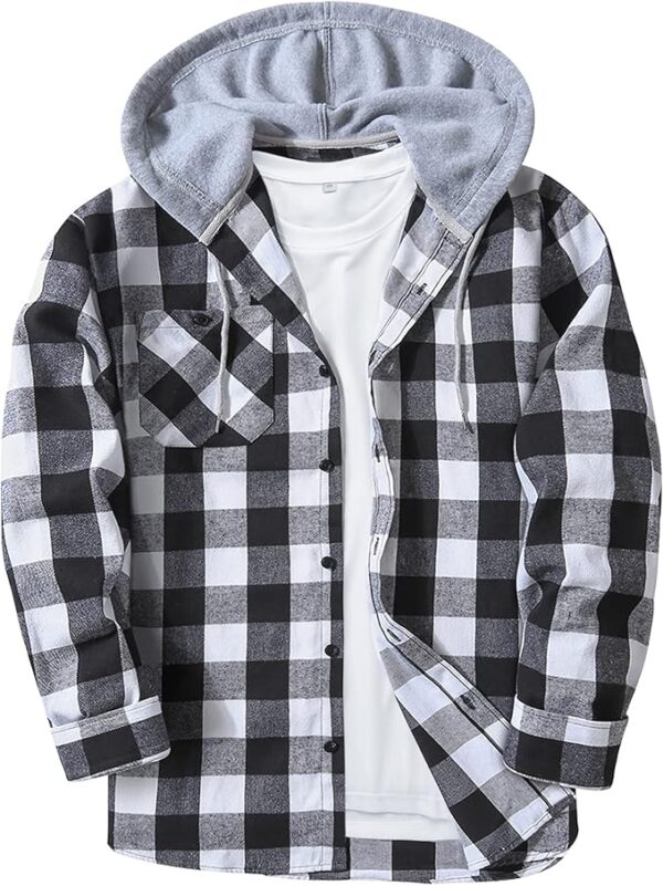 Men's Flannel Shirt Plaid Hoodie Stylish Long Sleeve Fall Casual Button Down Shirts with Flat Pocket