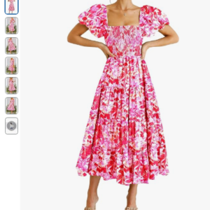 PRETTYGARDEN Women's Casual Summer Midi Dress Puffy Short Sleeve Square Neck Smocked Tiered Ruffle Dresses