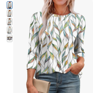 XIEERDUO 3/4 Length Sleeve Womens Tops Round Neck Casual Tunic Tops Basic Pleated Shirts Loose Fit 2025