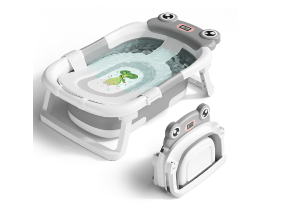 Baby Bathtub, Collapsible Newborn Bathtub for Infant to Toddler 0-24 Months with Soft Cushion and Thermometer