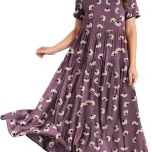 YESNO Women Casual Loose Bohemian Floral Dress with Pockets Short Sleeve Long Maxi Summer Beach Swing Dress EJF