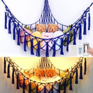 Stuffed Animal Hammock, 55in Storage Macrame Hammock with 75LEDs, Hanging Net for Kids Bedroom Doll Room Corner Organizer