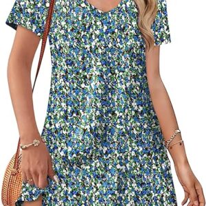 OFEEFAN Summer Dresses for Women 2025 Loose V Neck Short Sleeve Casual T Shirt Dress Sundresses Swimsuit Coverup with Pockets